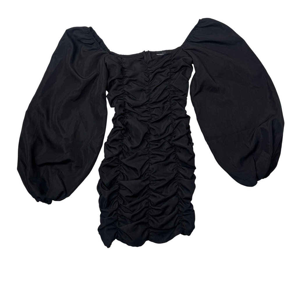 PrettyLittleThing Ruched Mini Dress Size 4 Black Balloon Sleeve Edgy Womens